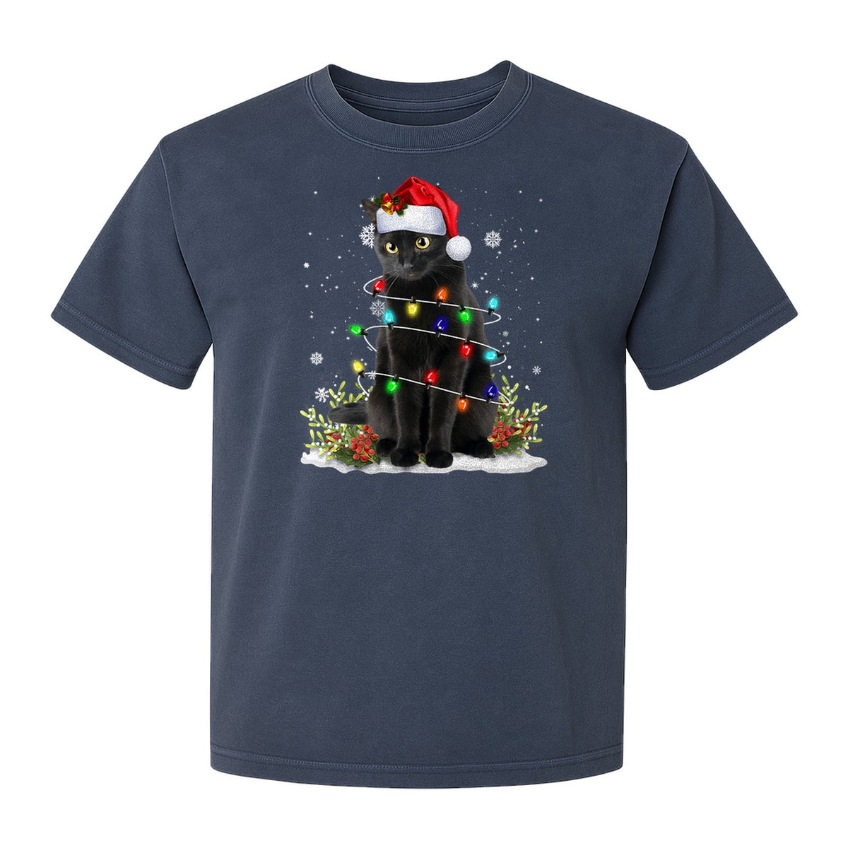Black Cat Christmas Comfort Colors T-Shirt, Santa Hat and Colorful String Lights Design for Kitty Lovers
