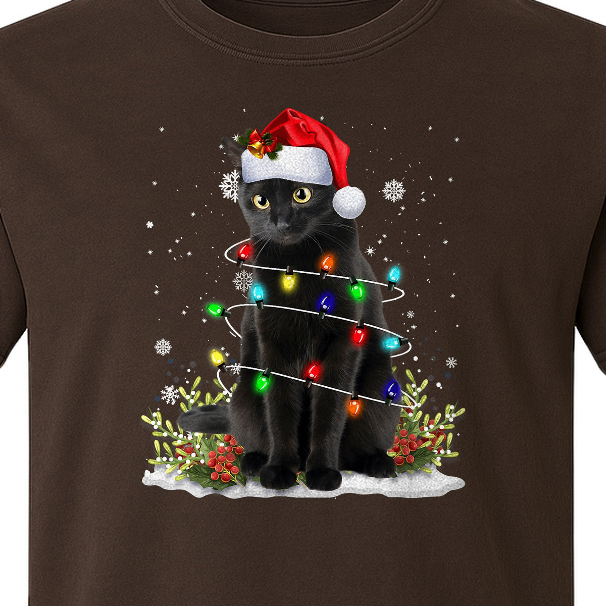 Black Cat Christmas Comfort Colors T-Shirt, Santa Hat and Colorful String Lights Design for Kitty Lovers