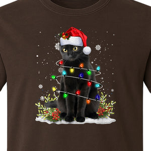 Black Cat Christmas Comfort Colors T-Shirt, Santa Hat and Colorful String Lights Design for Kitty Lovers