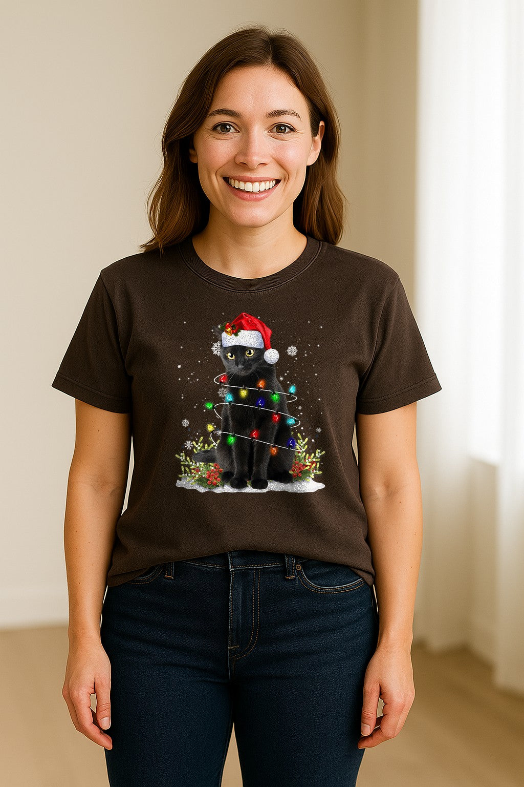 Black Cat Christmas Comfort Colors T-Shirt, Santa Hat and Colorful String Lights Design for Kitty Lovers