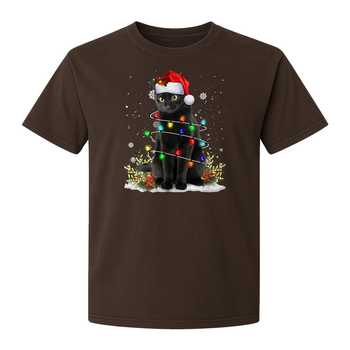 Black Cat Christmas Comfort Colors T-Shirt, Santa Hat and Colorful String Lights Design for Kitty Lovers