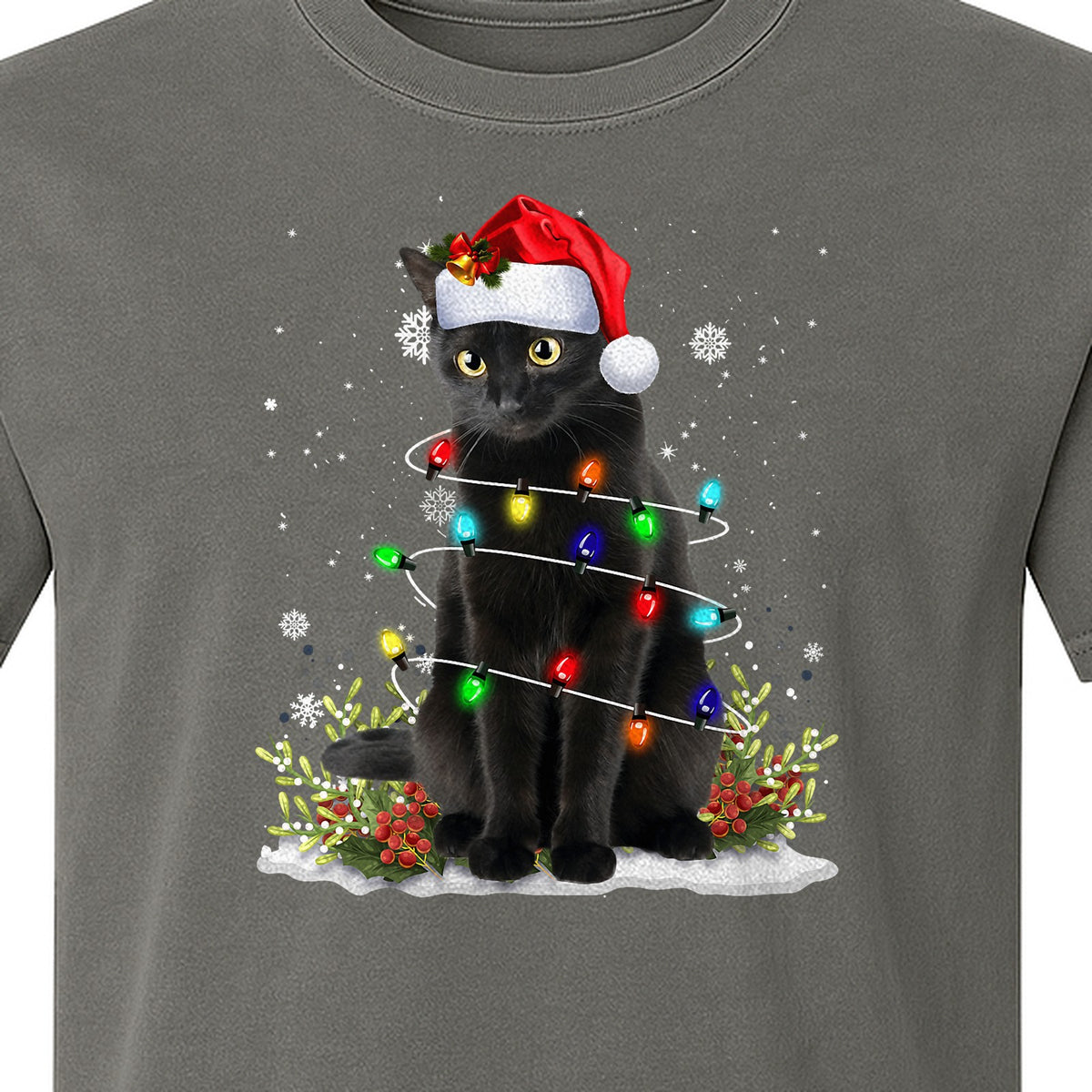 Black Cat Christmas Comfort Colors T-Shirt, Santa Hat and Colorful String Lights Design for Kitty Lovers