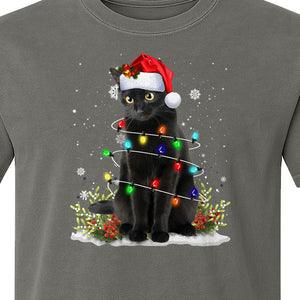 Black Cat Christmas Comfort Colors T-Shirt, Santa Hat and Colorful String Lights Design for Kitty Lovers
