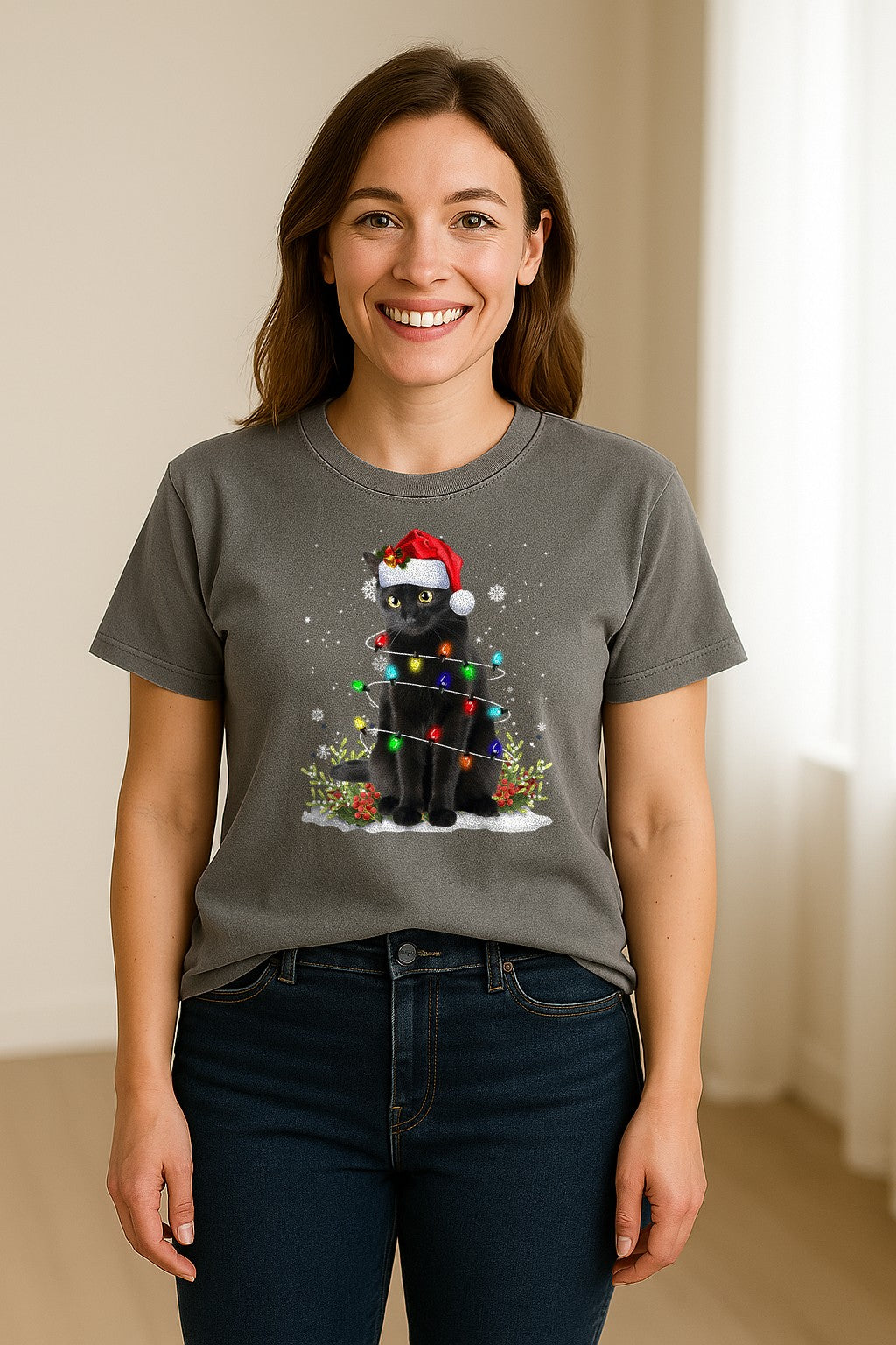Black Cat Christmas Comfort Colors T-Shirt, Santa Hat and Colorful String Lights Design for Kitty Lovers
