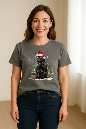 Black Cat Christmas Comfort Colors T-Shirt, Santa Hat and Colorful String Lights Design for Kitty Lovers