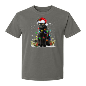 Black Cat Christmas Comfort Colors T-Shirt, Santa Hat and Colorful String Lights Design for Kitty Lovers