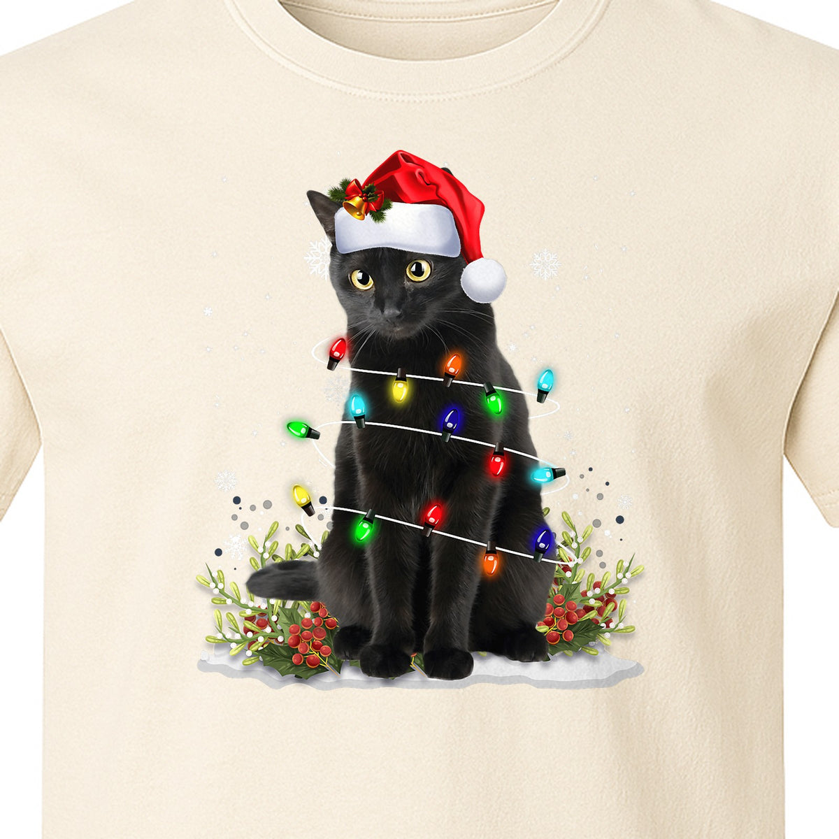 Black Cat Christmas Comfort Colors T-Shirt, Santa Hat and Colorful String Lights Design for Kitty Lovers