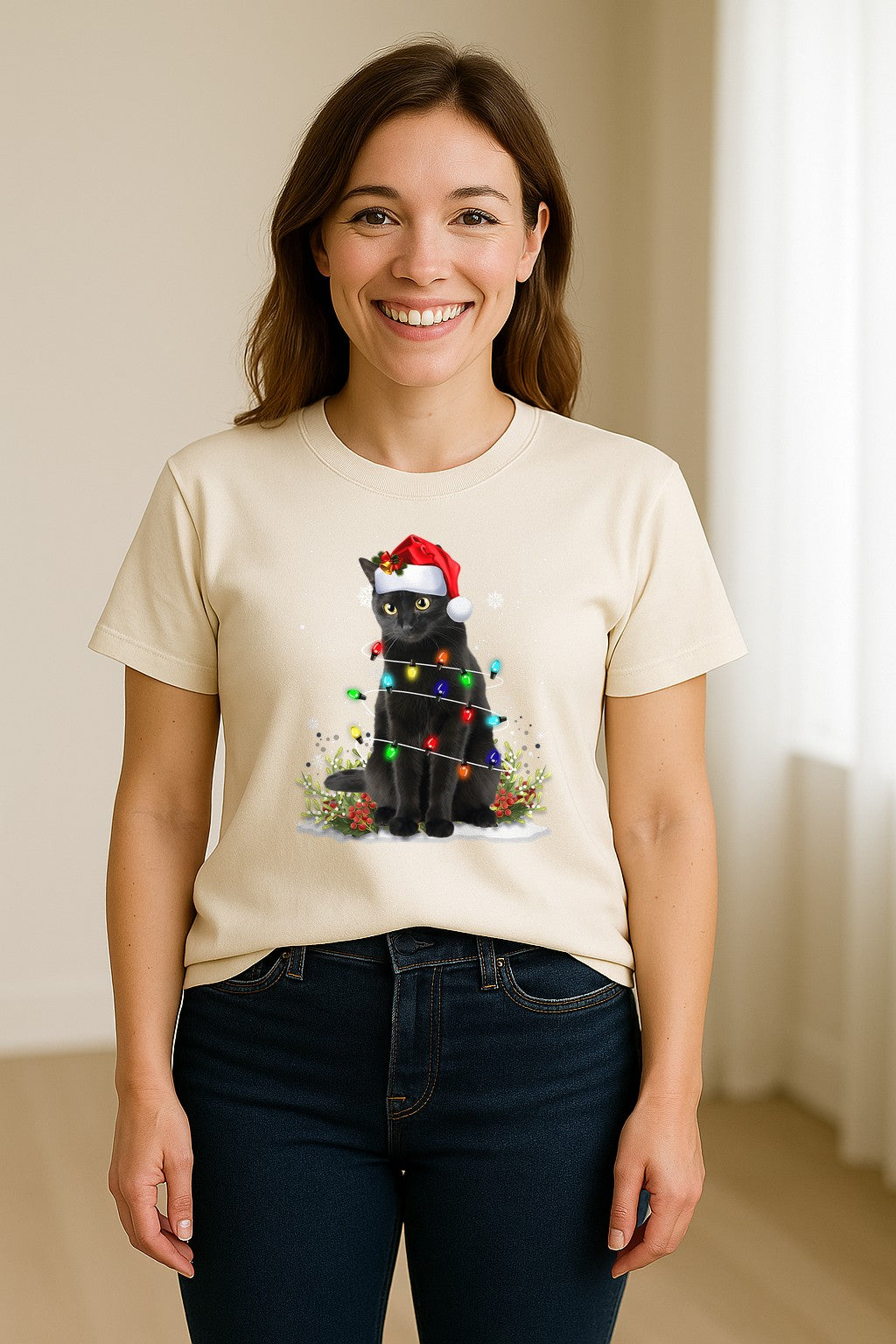 Black Cat Christmas Comfort Colors T-Shirt, Santa Hat and Colorful String Lights Design for Kitty Lovers