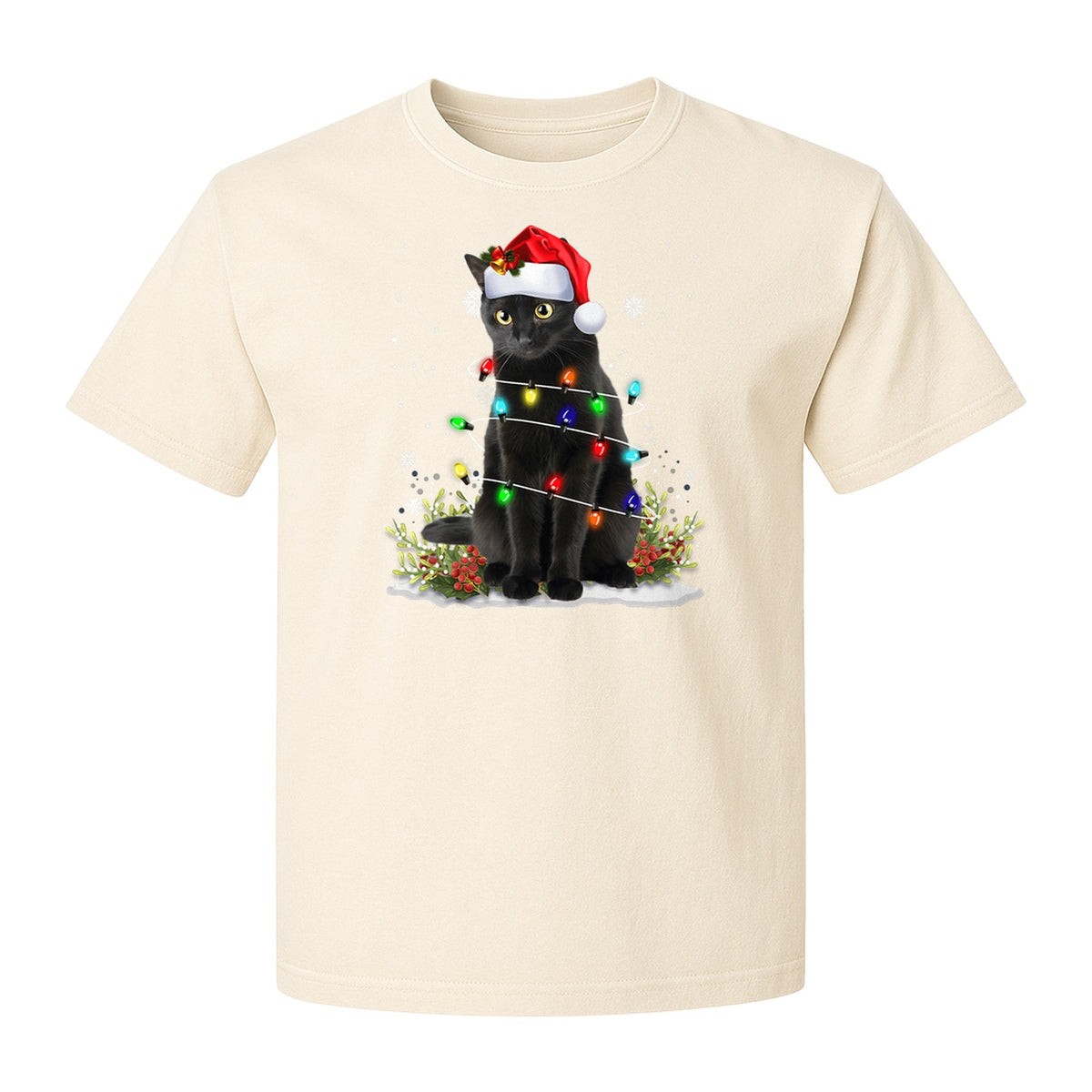Black Cat Christmas Comfort Colors T-Shirt, Santa Hat and Colorful String Lights Design for Kitty Lovers