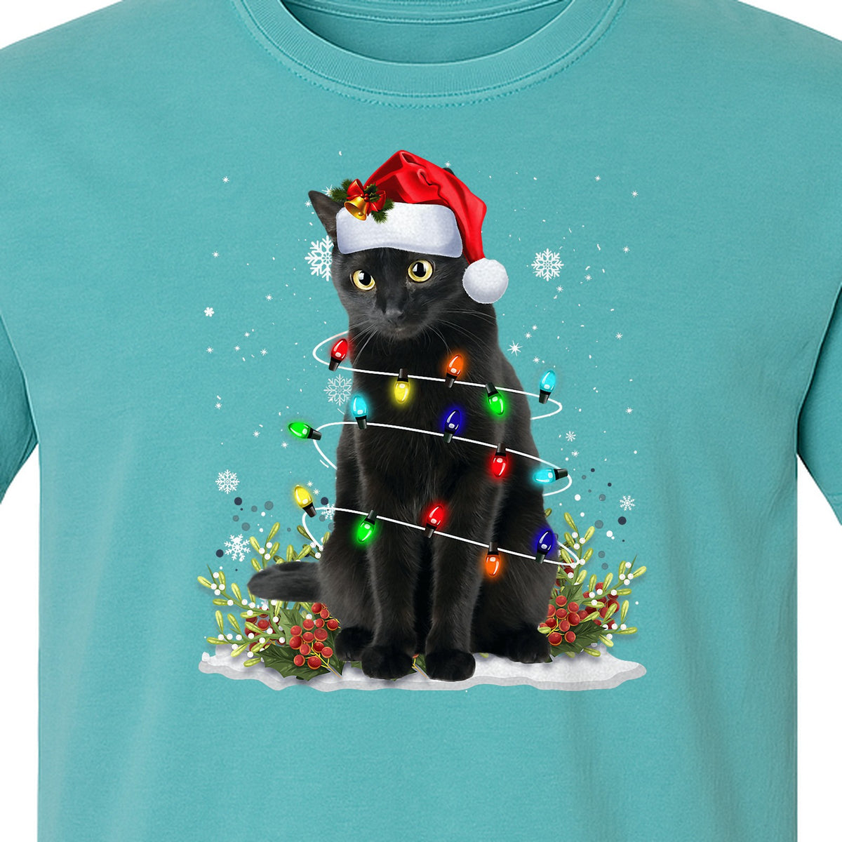 Black Cat Christmas Comfort Colors T-Shirt, Santa Hat and Colorful String Lights Design for Kitty Lovers