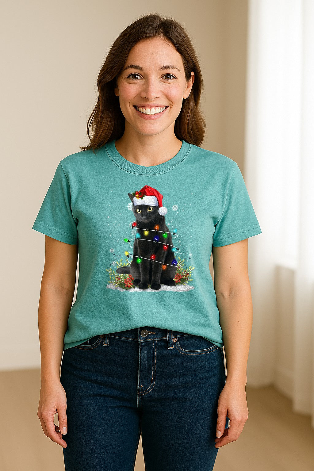 Black Cat Christmas Comfort Colors T-Shirt, Santa Hat and Colorful String Lights Design for Kitty Lovers
