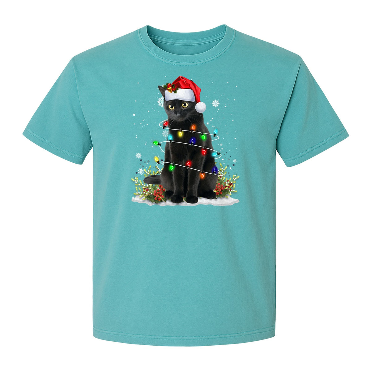 Black Cat Christmas Comfort Colors T-Shirt, Santa Hat and Colorful String Lights Design for Kitty Lovers