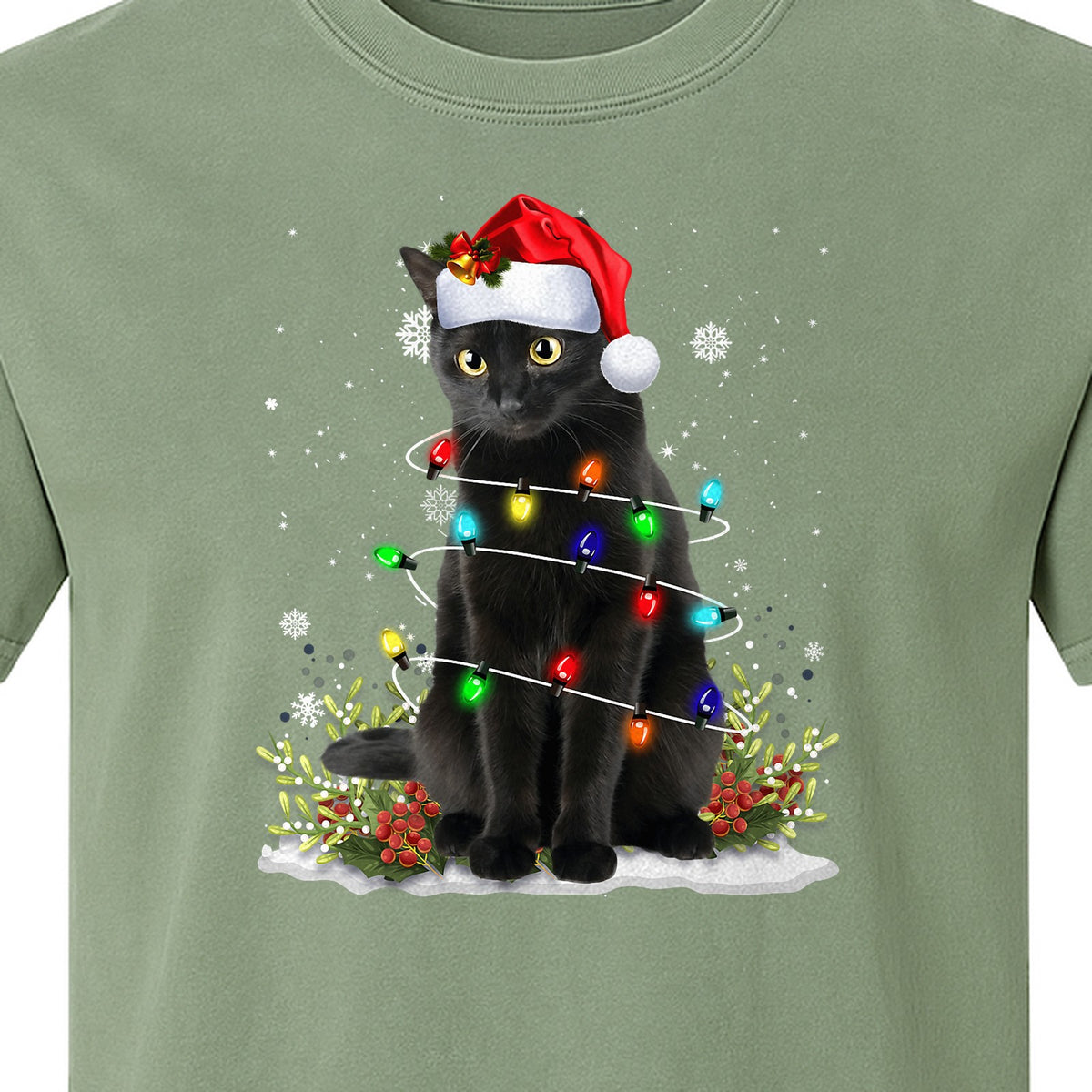 Black Cat Christmas Comfort Colors T-Shirt, Santa Hat and Colorful String Lights Design for Kitty Lovers