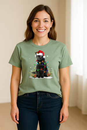 Black Cat Christmas Comfort Colors T-Shirt, Santa Hat and Colorful String Lights Design for Kitty Lovers