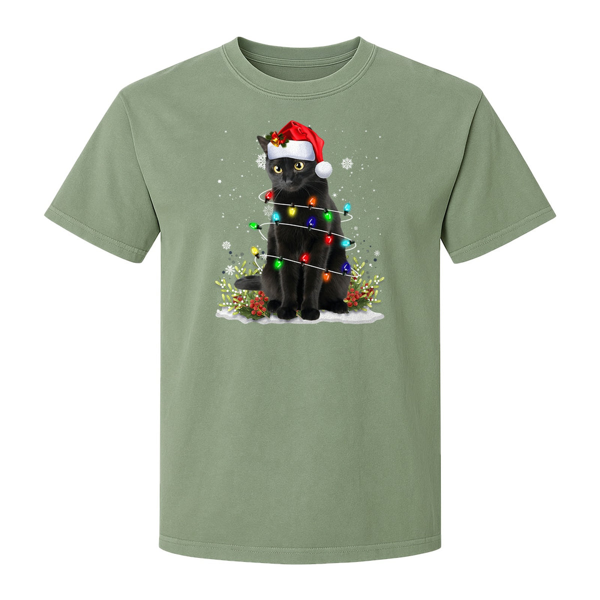 Black Cat Christmas Comfort Colors T-Shirt, Santa Hat and Colorful String Lights Design for Kitty Lovers