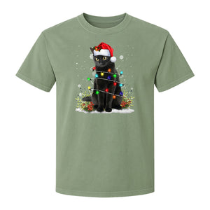 Black Cat Christmas Comfort Colors T-Shirt, Santa Hat and Colorful String Lights Design for Kitty Lovers