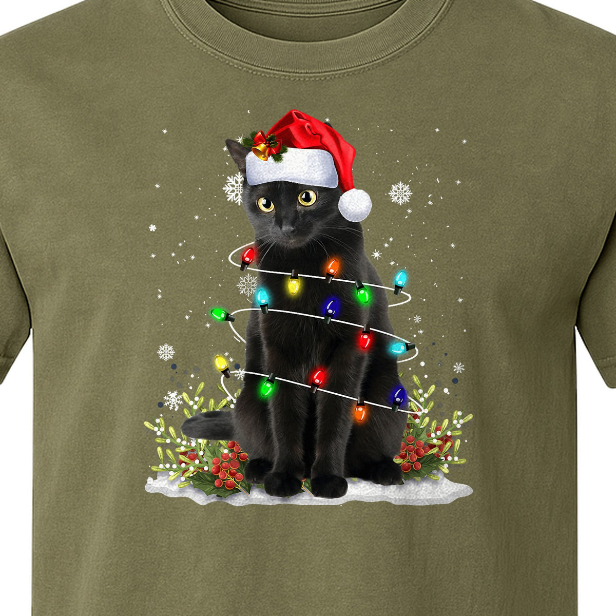 Black Cat Christmas Comfort Colors T-Shirt, Santa Hat and Colorful String Lights Design for Kitty Lovers