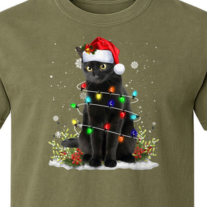 Black Cat Christmas Comfort Colors T-Shirt, Santa Hat and Colorful String Lights Design for Kitty Lovers