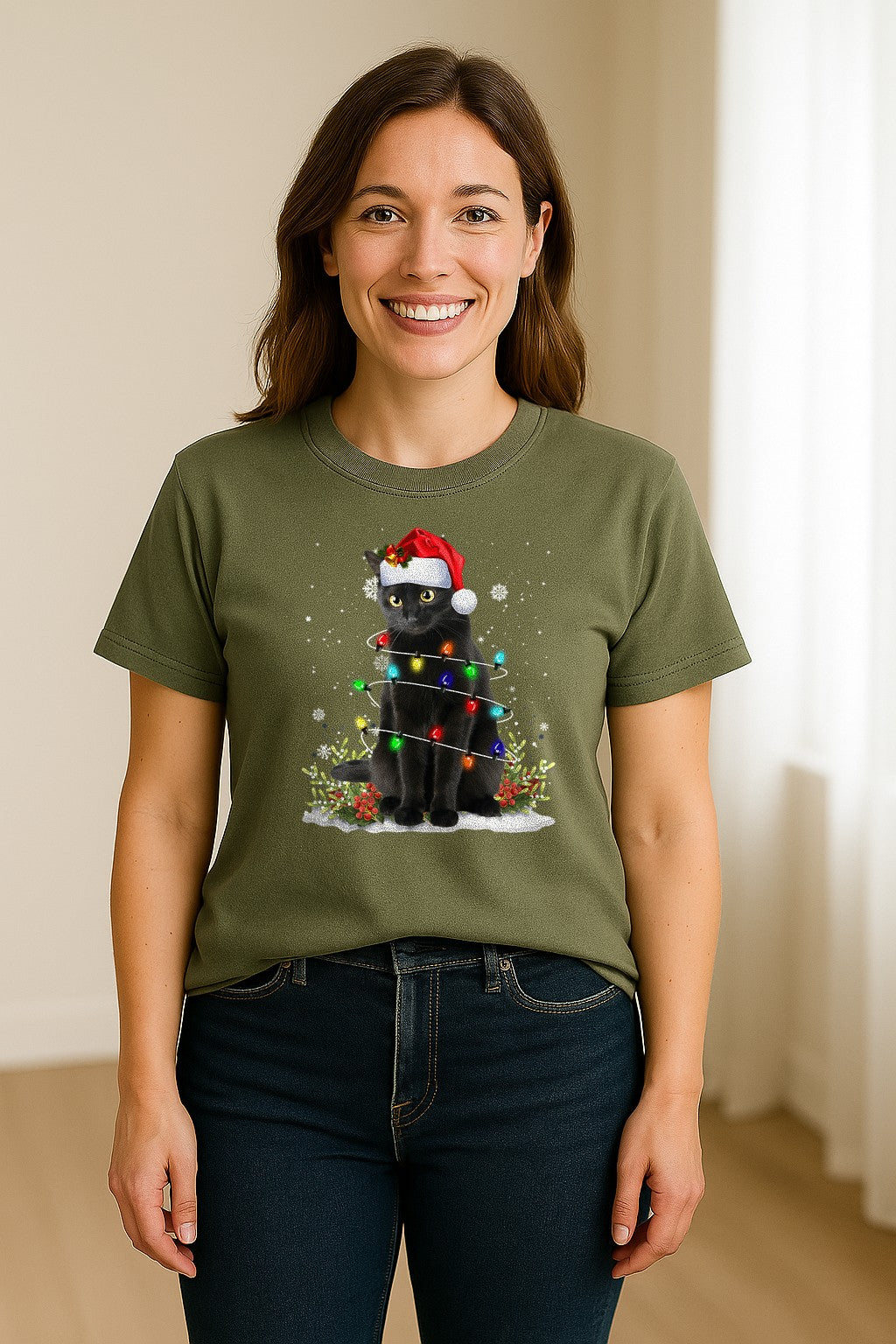 Black Cat Christmas Comfort Colors T-Shirt, Santa Hat and Colorful String Lights Design for Kitty Lovers