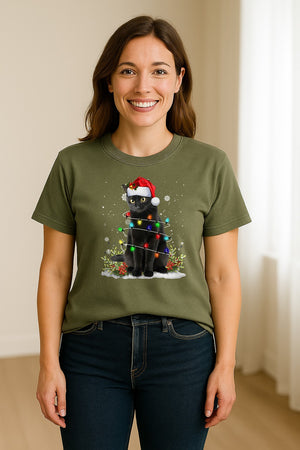 Black Cat Christmas Comfort Colors T-Shirt, Santa Hat and Colorful String Lights Design for Kitty Lovers