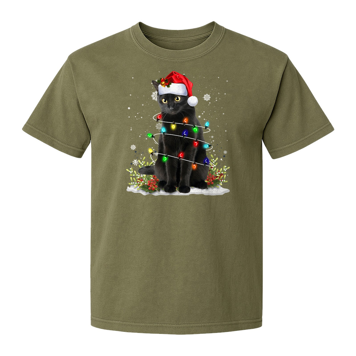 Black Cat Christmas Comfort Colors T-Shirt, Santa Hat and Colorful String Lights Design for Kitty Lovers