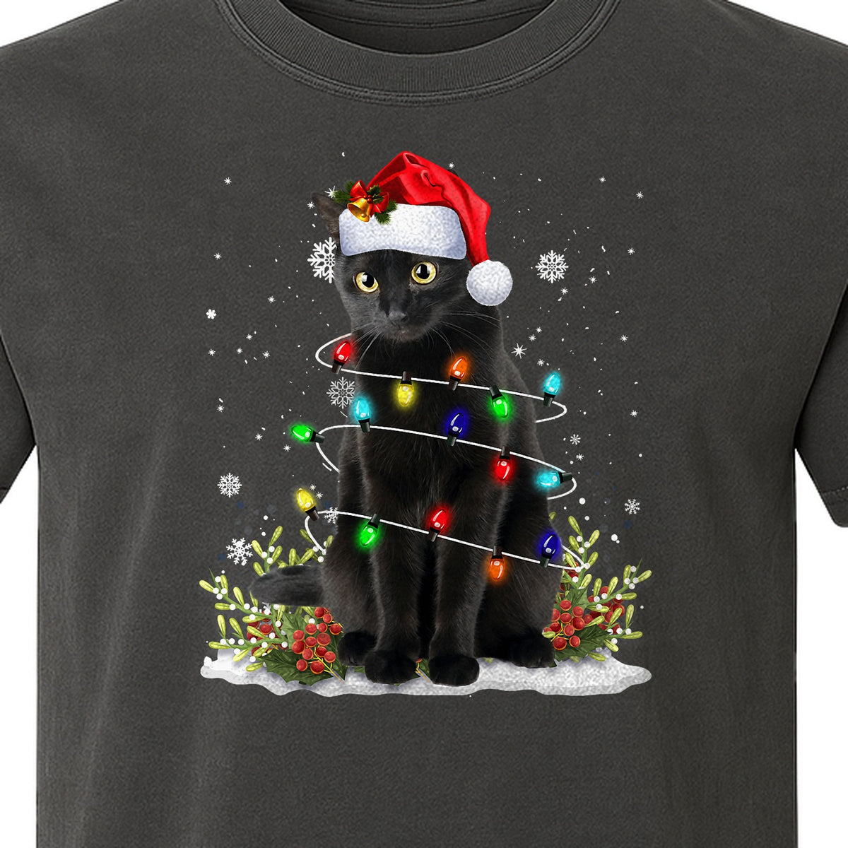 Black Cat Christmas Comfort Colors T-Shirt, Santa Hat and Colorful String Lights Design for Kitty Lovers