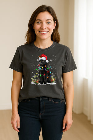 Black Cat Christmas Comfort Colors T-Shirt, Santa Hat and Colorful String Lights Design for Kitty Lovers