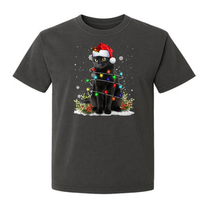 Black Cat Christmas Comfort Colors T-Shirt, Santa Hat and Colorful String Lights Design for Kitty Lovers