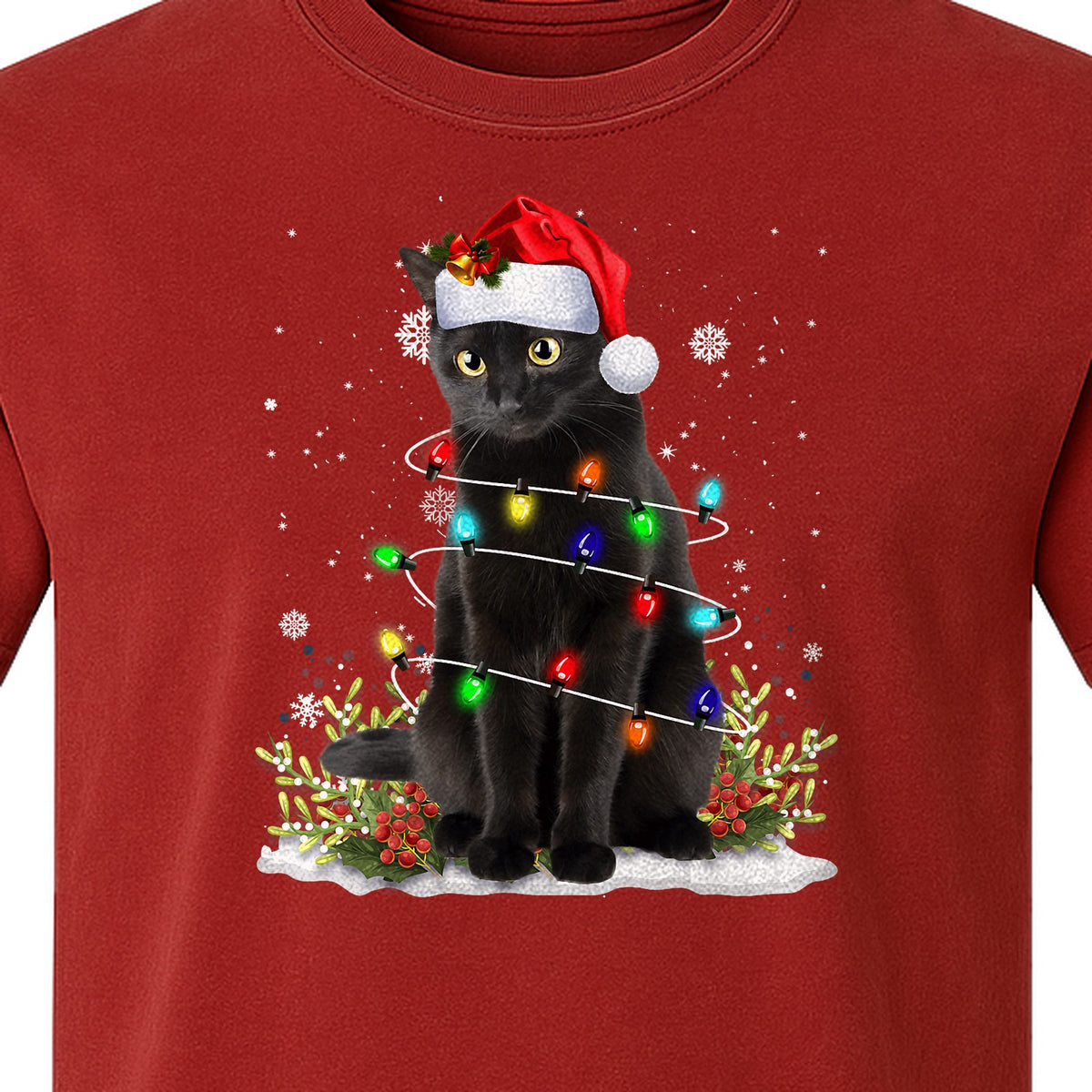 Black Cat Christmas Comfort Colors T-Shirt, Santa Hat and Colorful String Lights Design for Kitty Lovers