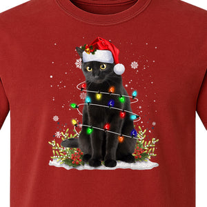 Black Cat Christmas Comfort Colors T-Shirt, Santa Hat and Colorful String Lights Design for Kitty Lovers
