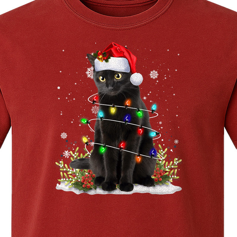 Black Cat Christmas Comfort Colors T-Shirt, Santa Hat and Colorful String Lights Design for Kitty Lovers