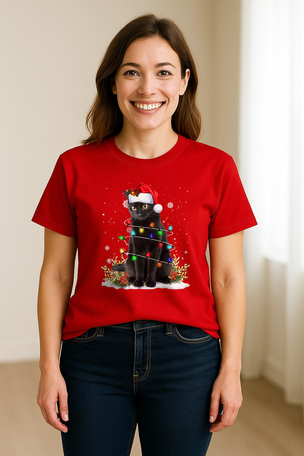 Black Cat Christmas Comfort Colors T-Shirt, Santa Hat and Colorful String Lights Design for Kitty Lovers