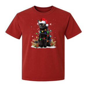 Black Cat Christmas Comfort Colors T-Shirt, Santa Hat and Colorful String Lights Design for Kitty Lovers