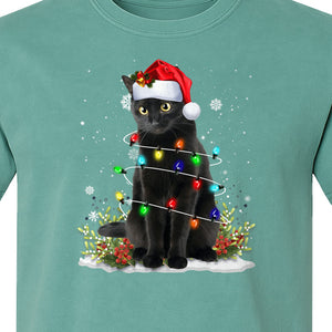 Black Cat Christmas Comfort Colors T-Shirt, Santa Hat and Colorful String Lights Design for Kitty Lovers