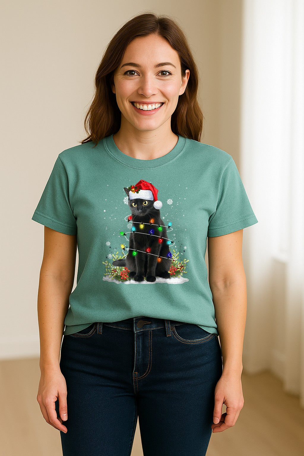 Black Cat Christmas Comfort Colors T-Shirt, Santa Hat and Colorful String Lights Design for Kitty Lovers
