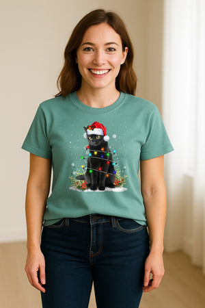 Black Cat Christmas Comfort Colors T-Shirt, Santa Hat and Colorful String Lights Design for Kitty Lovers