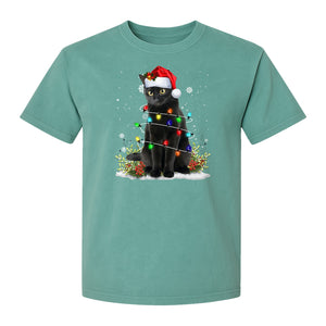Black Cat Christmas Comfort Colors T-Shirt, Santa Hat and Colorful String Lights Design for Kitty Lovers