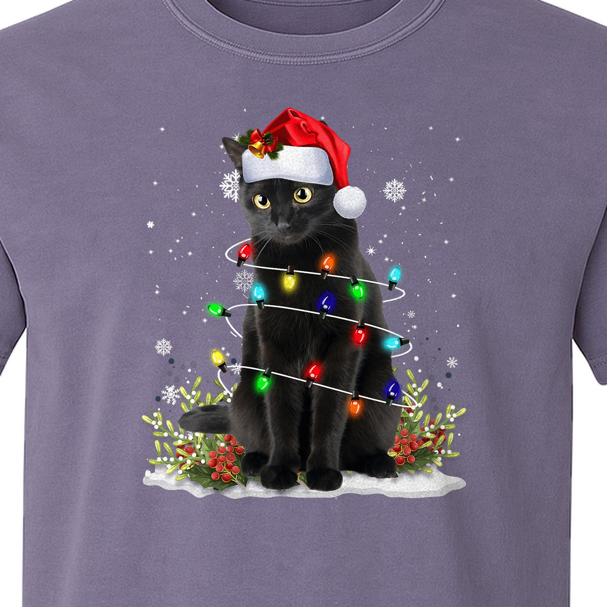 Black Cat Christmas Comfort Colors T-Shirt, Santa Hat and Colorful String Lights Design for Kitty Lovers
