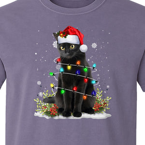 Black Cat Christmas Comfort Colors T-Shirt, Santa Hat and Colorful String Lights Design for Kitty Lovers