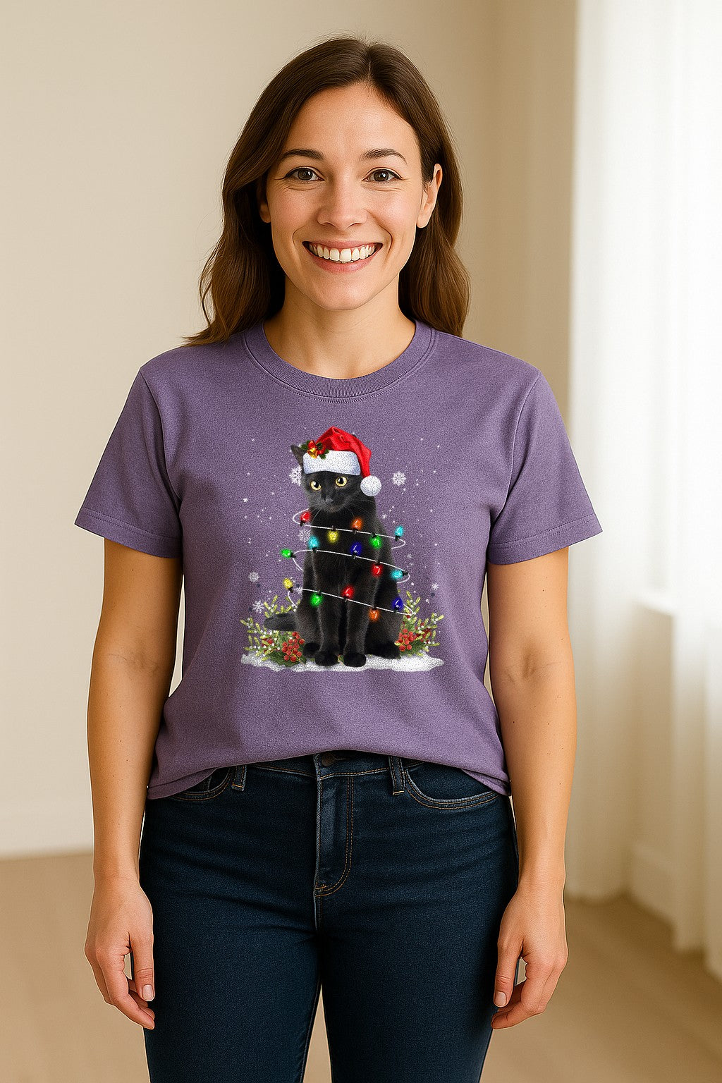 Black Cat Christmas Comfort Colors T-Shirt, Santa Hat and Colorful String Lights Design for Kitty Lovers
