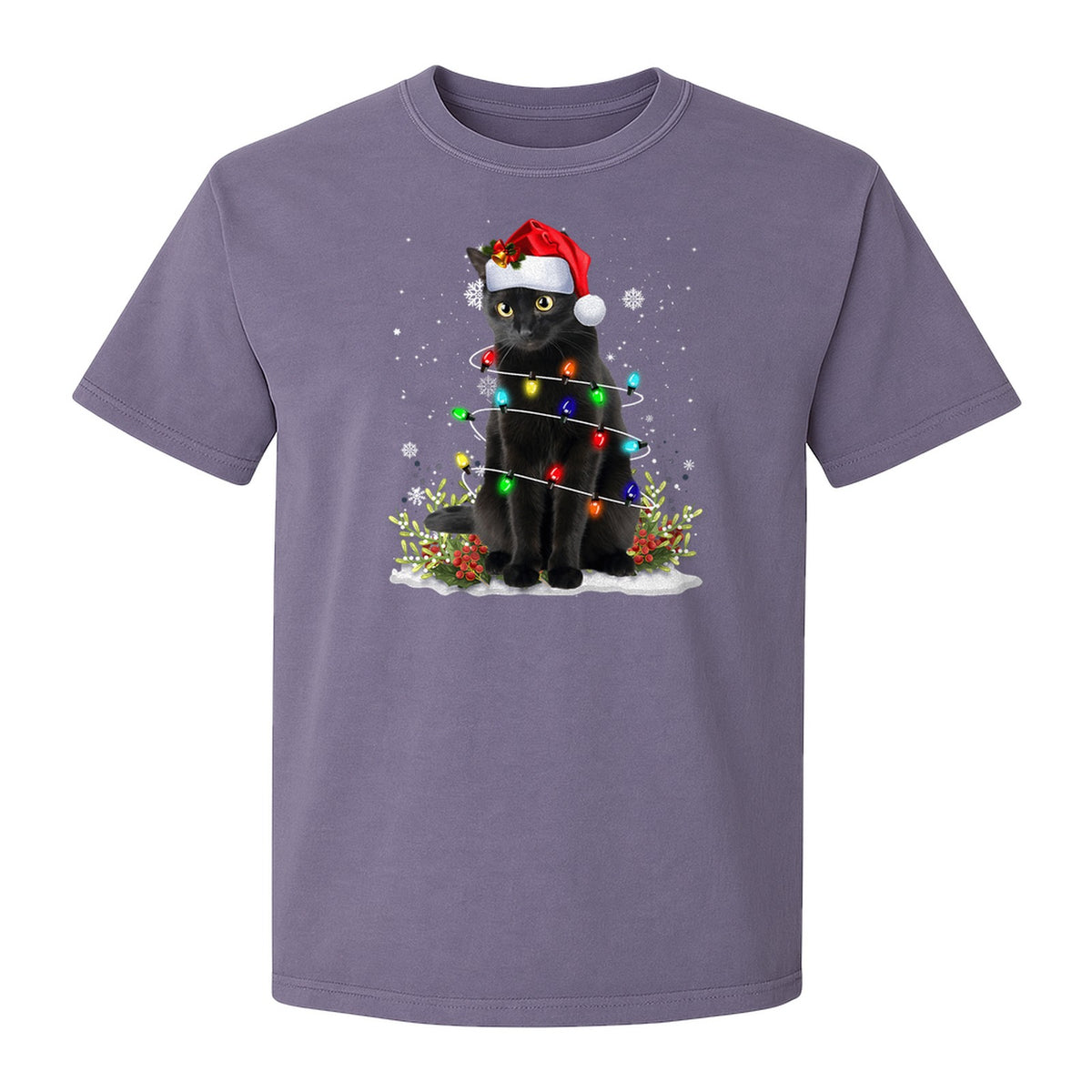 Black Cat Christmas Comfort Colors T-Shirt, Santa Hat and Colorful String Lights Design for Kitty Lovers