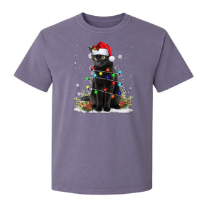 Black Cat Christmas Comfort Colors T-Shirt, Santa Hat and Colorful String Lights Design for Kitty Lovers