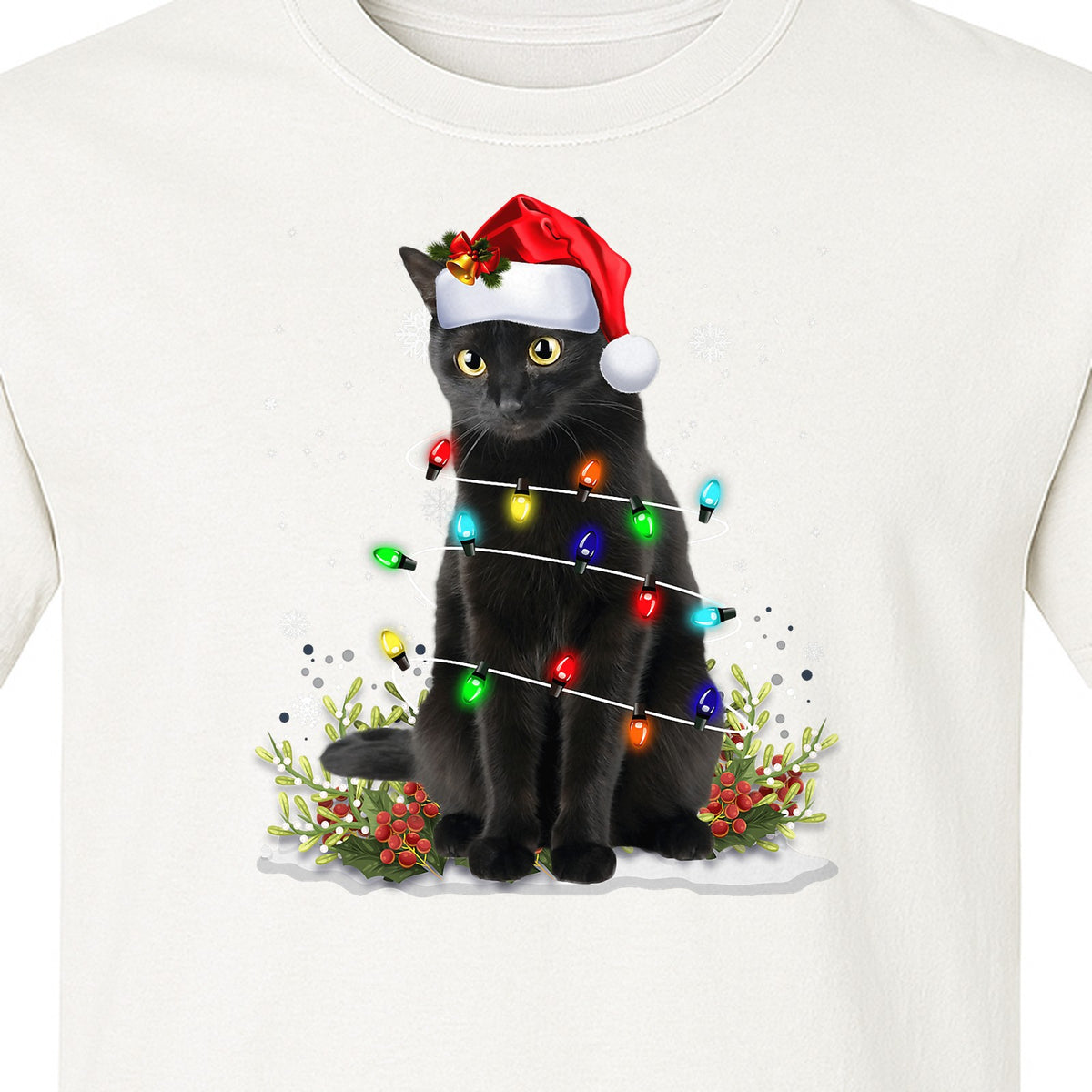Black Cat Christmas Comfort Colors T-Shirt, Santa Hat and Colorful String Lights Design for Kitty Lovers