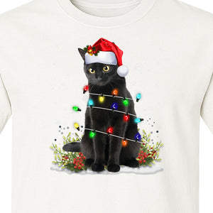 Black Cat Christmas Comfort Colors T-Shirt, Santa Hat and Colorful String Lights Design for Kitty Lovers