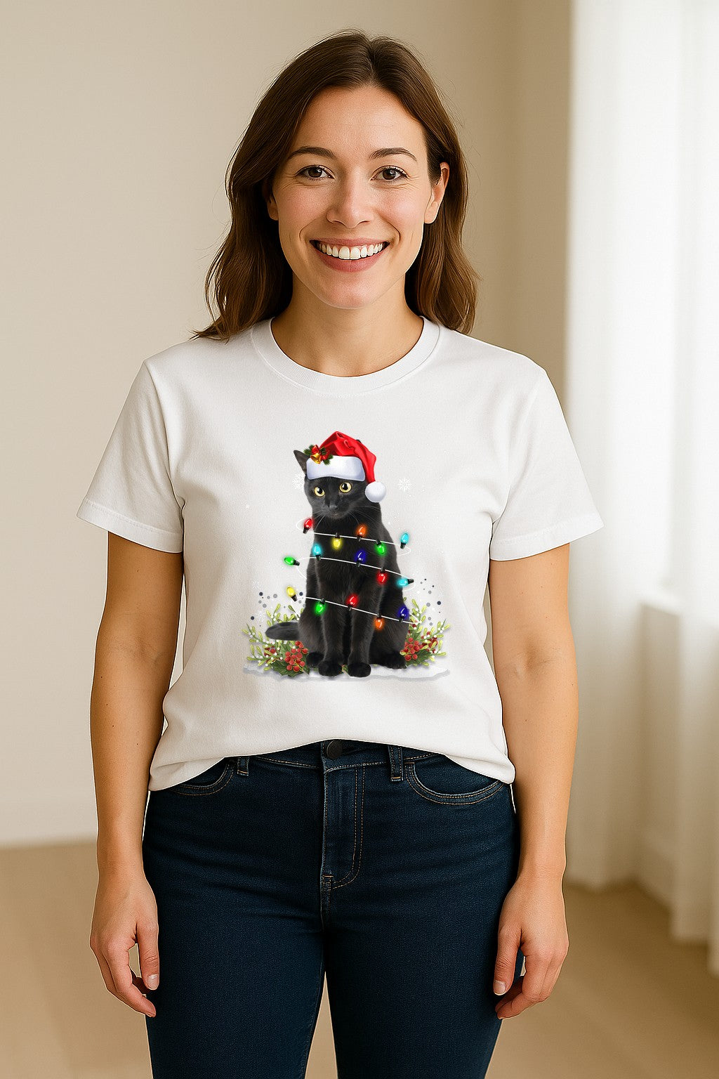 Black Cat Christmas Comfort Colors T-Shirt, Santa Hat and Colorful String Lights Design for Kitty Lovers