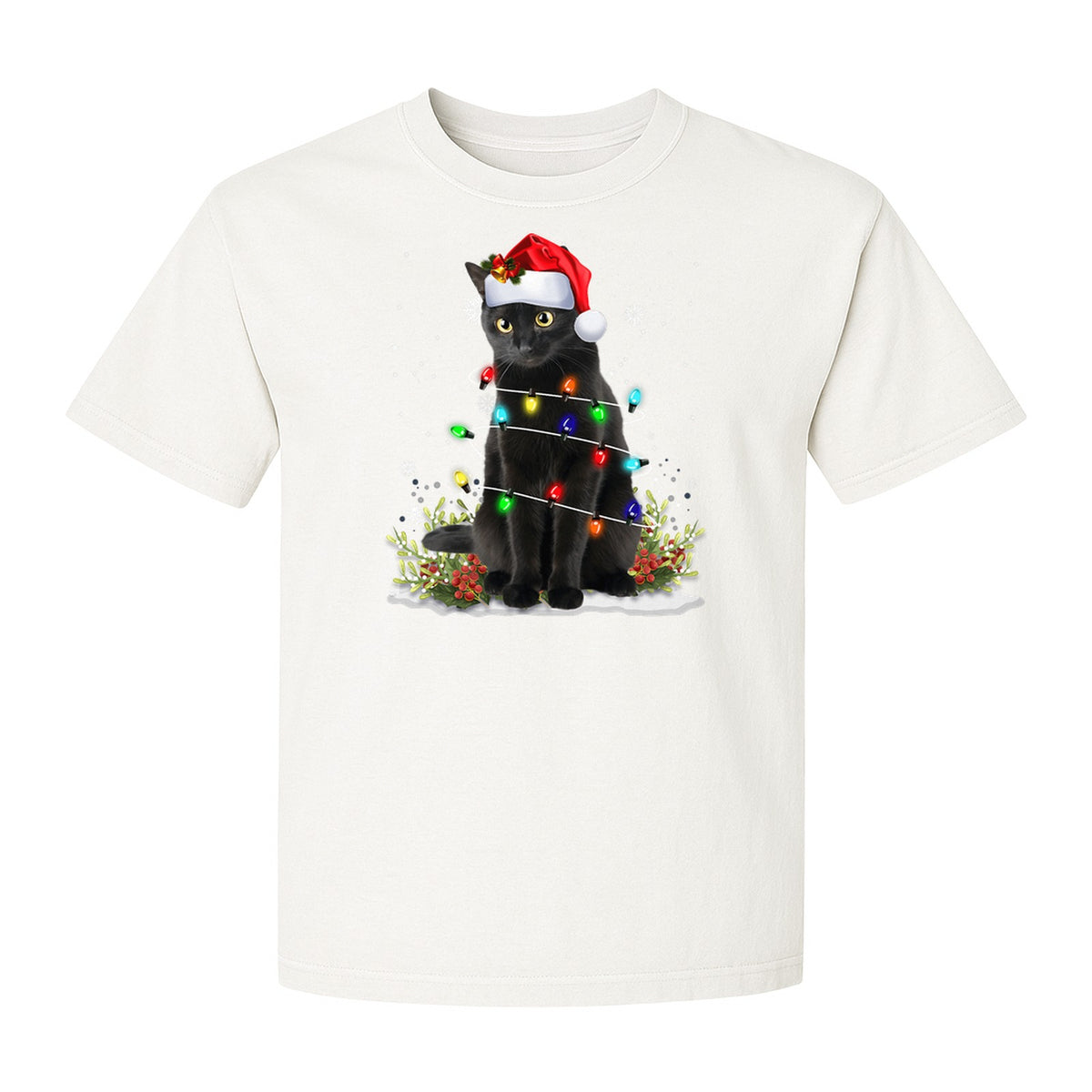 Black Cat Christmas Comfort Colors T-Shirt, Santa Hat and Colorful String Lights Design for Kitty Lovers