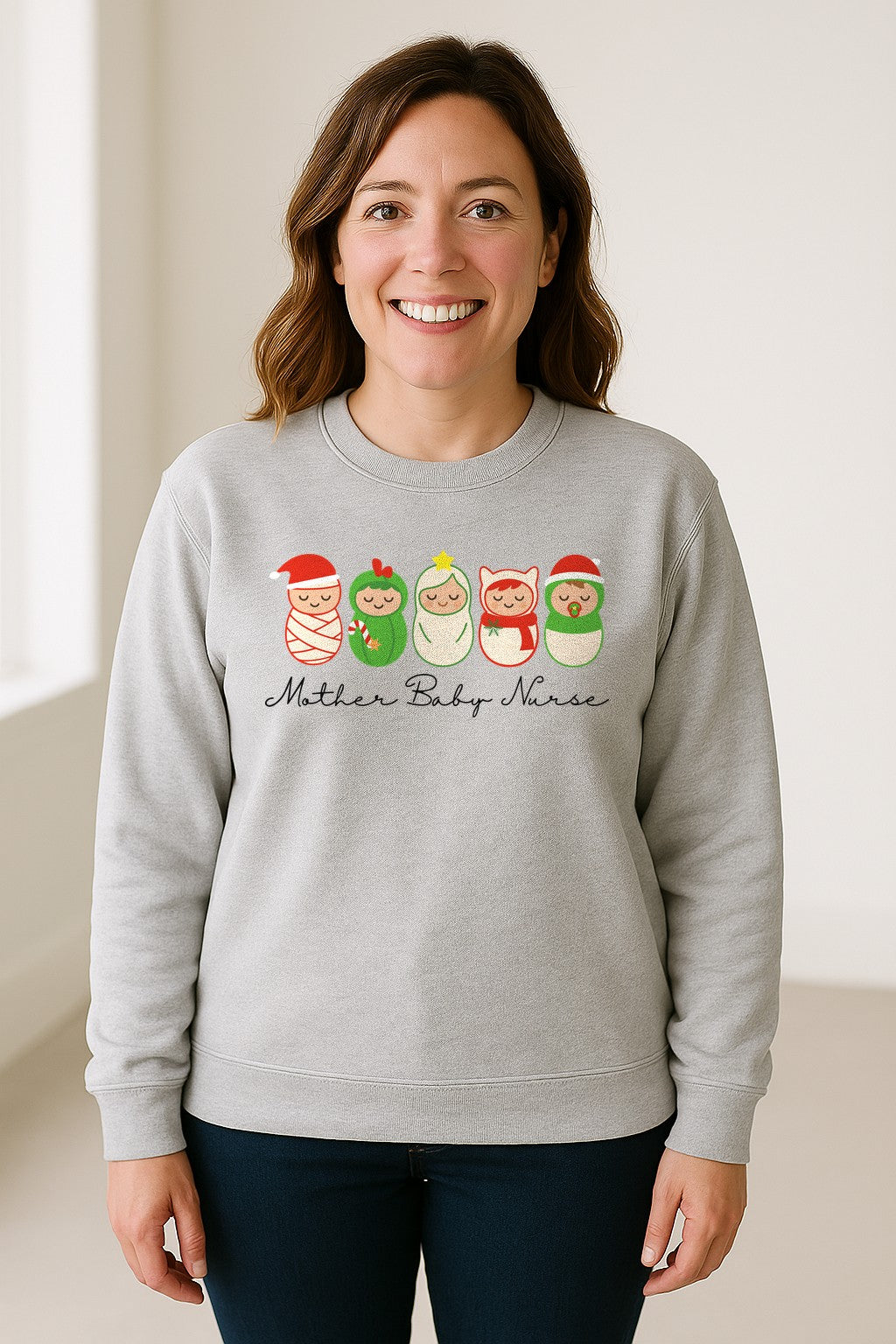 Mother Baby Nurse Sweatshirt, Christmas Swaddled Infants Design for Postpartum and Nursery Staff