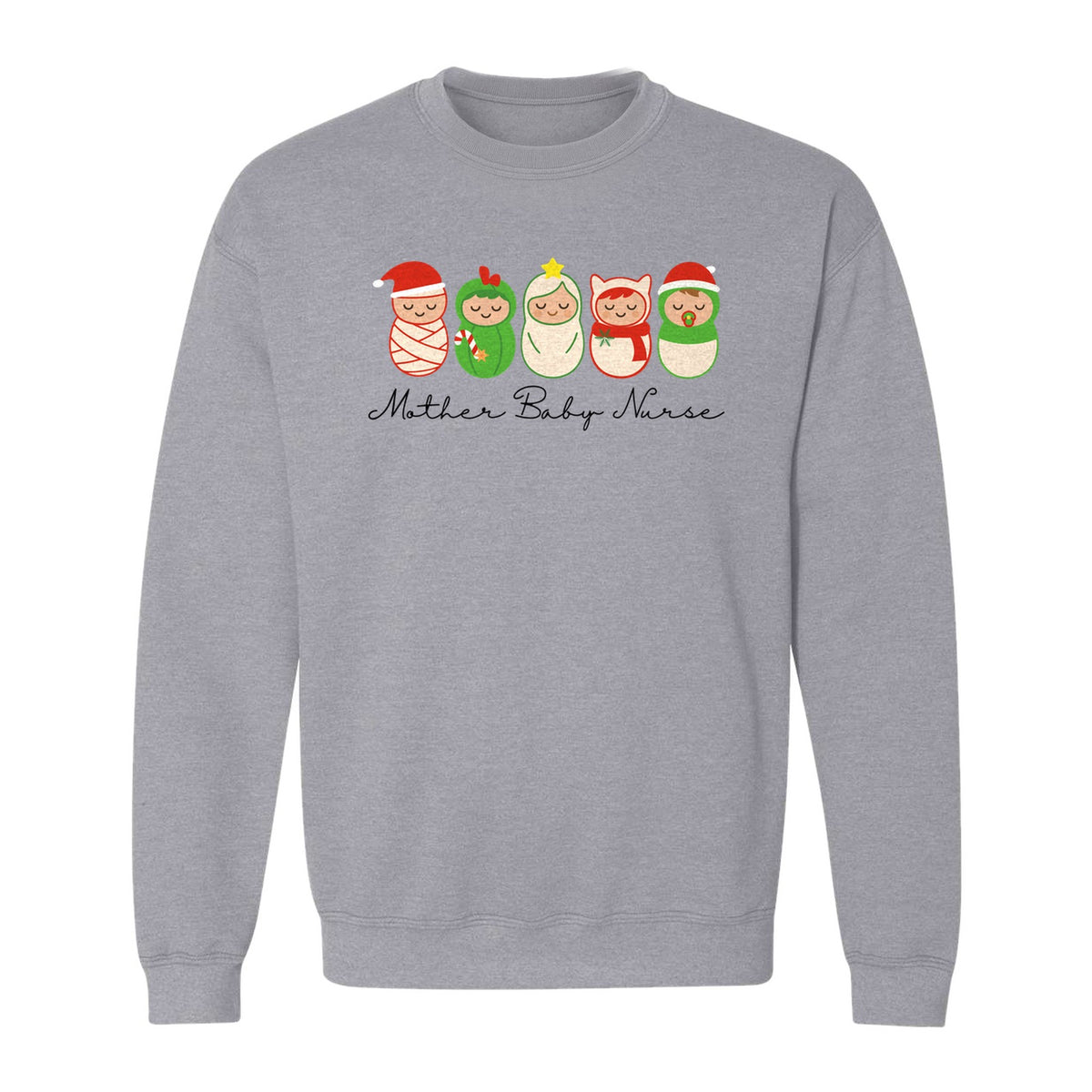Mother Baby Nurse Sweatshirt, Christmas Swaddled Infants Design for Postpartum and Nursery Staff