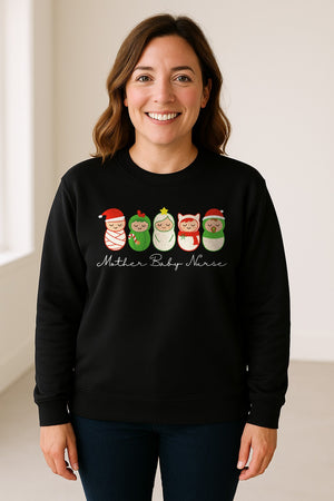 Mother Baby Nurse Sweatshirt, Christmas Swaddled Infants Design for Postpartum and Nursery Staff