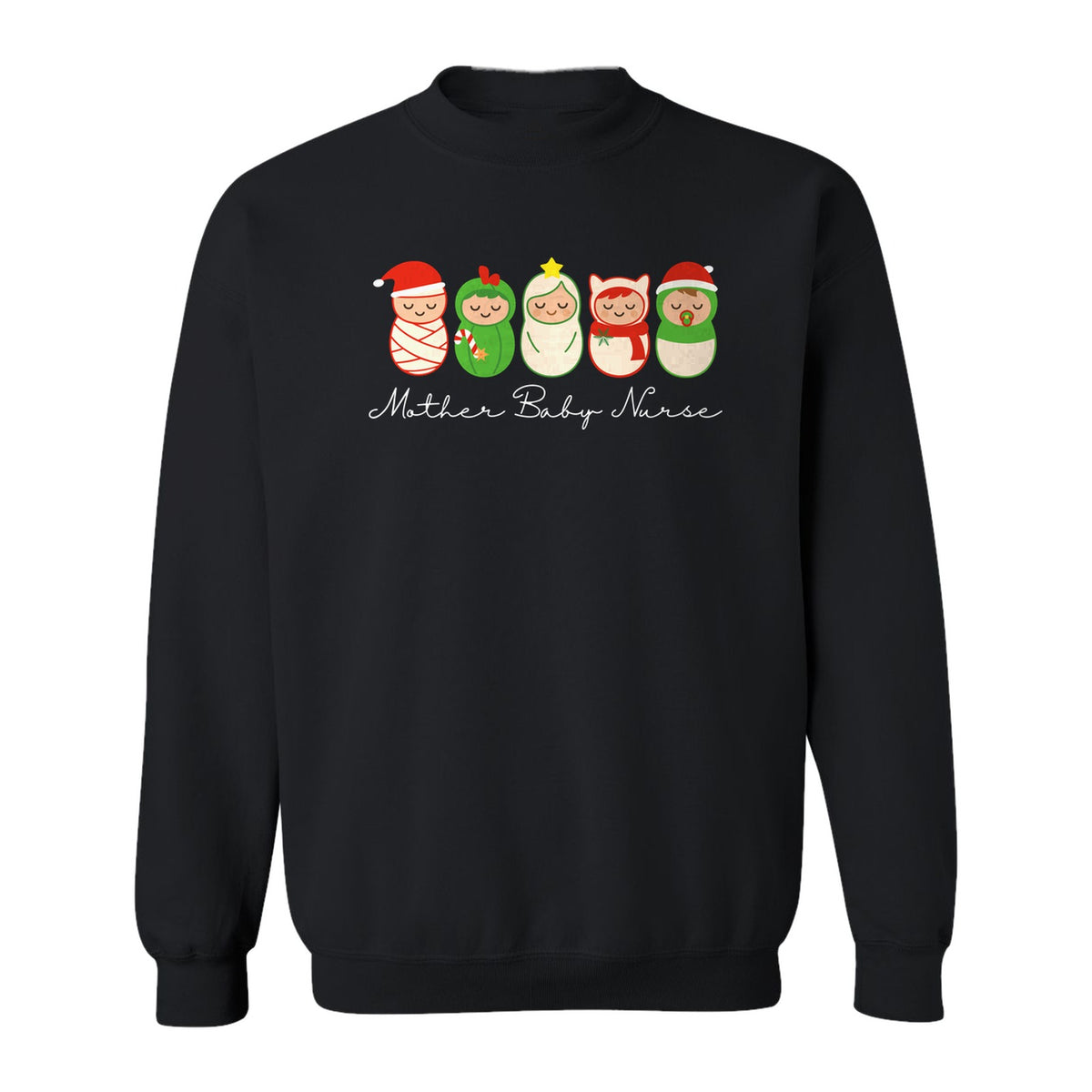Mother Baby Nurse Sweatshirt, Christmas Swaddled Infants Design for Postpartum and Nursery Staff